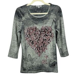 Jac Dale Gray Pink Casual Butterfly Floral Heart Graphic 3/4 Sleeve Medium Top